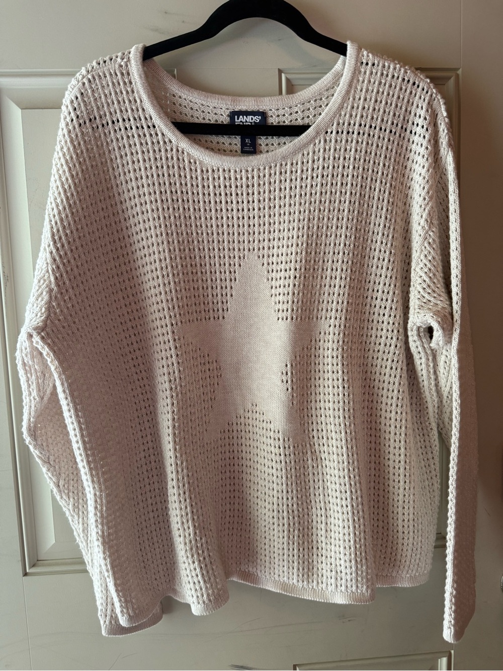 Lands' End Cream Open-Weave Star Crewneck Sweater